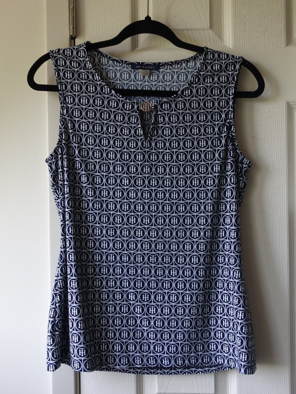 Tommy Hilfiger Navy and White Sleeveless Logo Print Top